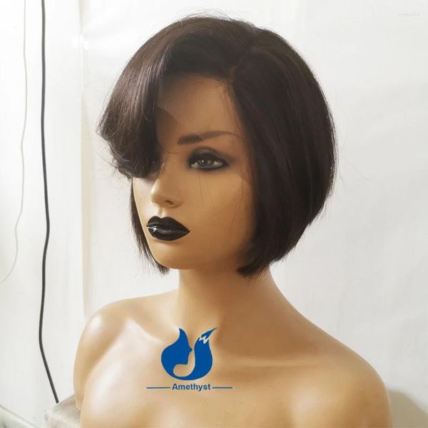 Perruques de cheveux humains coupe Pixie améthyste Remy couleur naturelle courte Bob 13x6 perruque avant en dentelle avec frange