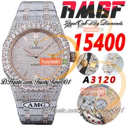 AMG 15400 A3120 Automatic Homme Regarder Big Diamond Diamant Chozel 18K Rose Gold Paves Diamonds Diamants Baguette Markers Bracelet en acier Super TrustyTime001 Iced Out Watchs Full