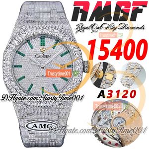 AMG 15400 A3120 Automatische heren Watch Big Diamond Bezel verharde diamanten Dial Green Baguette Markers Steel Bracelet Super Edition TrustyTime001 Iced Full Watches uit