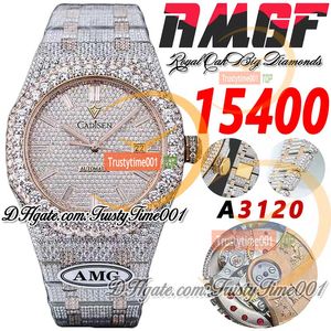 AMG 15400 A3120 Automatische heren Watch Big Diamond Bezel 18k Rose Gold verharde diamanten Dial Baguette Markers stalen armband Super TrustyTime001 Iced Full Watches uit