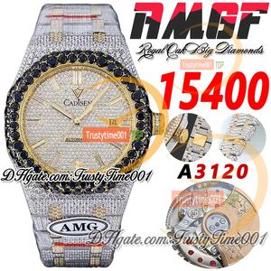 AMG 15400 A3120 Automatische heren Work Black Big Diamond Bezel 18K Geel goud verharde diamanten Diamers Stickers stalen armband Super TrustyTime001 Iced out Watches
