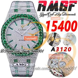 AMG 15400 A3120 Automatische heren Watch Green Big Diamond Bezel verharde diamanten Dial Baguette markers Twee toon stalen armband super TrustyTime001 Iced Full Watches uit