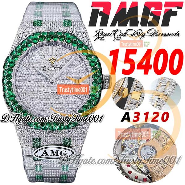 AMG 15400 A3120 Automatic Mens Watch Green Big Diamond Diamond Pavied Diamonds Diamants Baguette Markers Two Tone Bracelet TrustyTime001 Bijoux Iced Out Full Watches