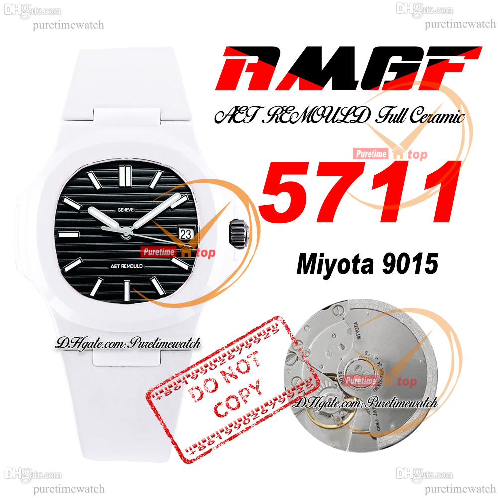 AMGF AET 5711 MIYOTA 9015自動メンズウォッチ40mm白いセラミックケースブラックテクスチャスティックダイヤルラバースーパーエディションウォッチReloj Hombre Puretime D4