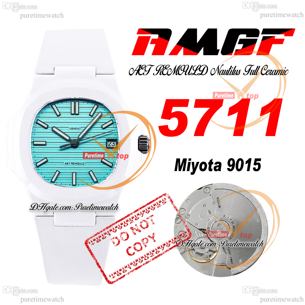 AMGF AET 5711 Miyota 9015 자동 남성 시계 40mm 흰색 세라믹 케이스 Roselend 블루 텍스처 스틱 다이얼 고무 슈퍼 에디션 시계 reloj Hombre Puretime F6