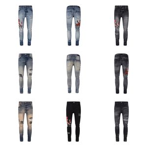 Ami Designer Jeans violet pour hommes High Street Hole Patch Pantalon à panneau étoile brodé pour hommes et femmes Stretch Slim Pants29-40