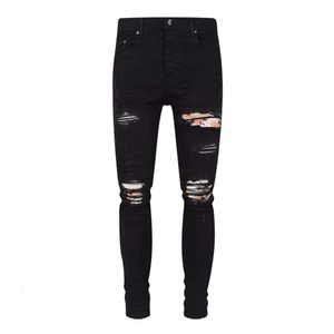 AMI Fashion High Street Jeans ajustados negros para hombre Parche de flores en la cintura hasta la rodilla Verano Nueva tendencia azul claro
