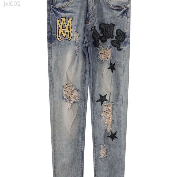 Ami Jeans Jeans morados Jeans de diseñador para mujer nuevos Ami High Street Hole Jeans de corte Slim Fit Straight Barrel Mendgar Pants Pantalones lavados