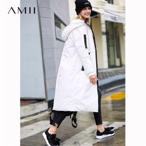 Amii Jacket Dames Winter Causale solide 90% Witte Duck Down Zipper Long Parkas Coat Hooded Jackets 1180 201126