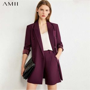 AMII Minimalisme Automne Causal Femmes Ensemble Solide Revers Double Boutonnage Bureau Manteau Taille Haute Lâche Shorts Femme Costume 12060012 211105