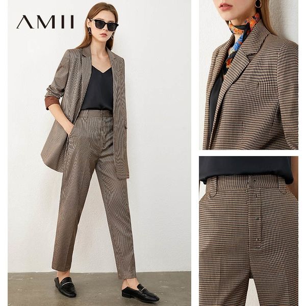 AMII Minimalisme Automne Vintage Costume Femme Olstyle Plaid Revers Automne Manteau Causal Taille Haute Pantalon Femme 12030294 201110