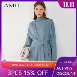 AMII minimalisme automne hiver mode tricoté femmes manteau solide poche ceinture tricoté femmes Cardigan femme manteau 12040584 201031