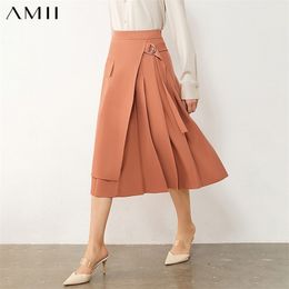 AMII Minimalisme herfst winter dames rokken mode hoge taille geplooide aline calfllengte rok vrouwelijke rok 12080051 210306