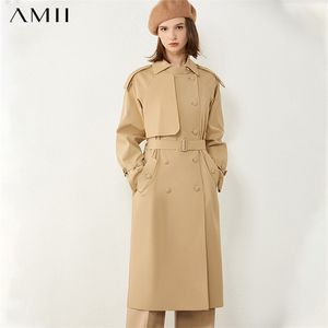 AMII minimalisme automne femmes coupe-vent Style britannique revers Double boutonnage ceinture manteau mi-longueur femme pardessus 12040602 210812