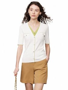 Amii Minimalisme Cardigan pour femmes 2023 Été Nouveau Col en V épissé Bureau droit Dame à manches courtes Femme Hauts tricotés 72351024 M4Xi #