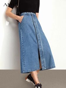 AMII Minimalisme jupes denim pour femmes Streetwear High Wasit Split Jean Jirt Femelle Long Fashion Femme 12130301 240424