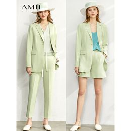 Amii Minimalism Sping Summer Fashion Set Mujeres Abrigo de solapa Cintura alta Pantalón casual Pantalones cortos de gasa para damas de oficina 1050 201030