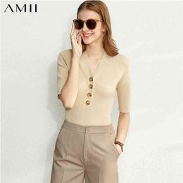 Amii minimalisme sping zomer vneck gebreide shirt vrouwen mode slanke knop korte mouwen blouse shirt 1014 210401