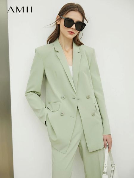 Amii minimalisme Spring Suit Women Blazer Coat Solid Double Breasted Veste Office Lady High Waist Ankle Pants Blazer 12230021