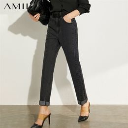 AMII Minimalismo Verano Otoño Moda Mujer Jeans Causal Algodón Negro Cintura alta Recto Ankel-longitud Jeans femeninos 12040026 210302