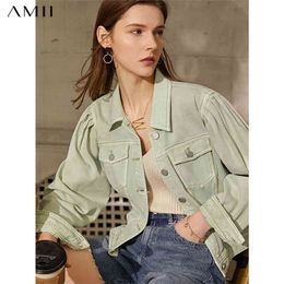 AMII minimalisme été Denim veste pour femmes casual solide revers simple boutonnage mode court femmes manteau 12140244 210914