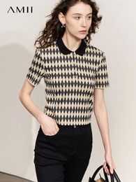 AMII camiseta minimalista para mujer verano POLO cuello manga corta rombo tablero de ajedrez Tops Oficina señora camisetas 12342200 240308