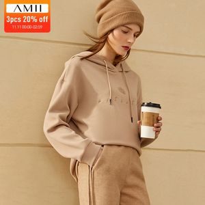 Amii Minimalisme Hiver Hoodies Pour Femmes Causal À Capuche Broderie Épaisse Polaire Sweat Femmes Pull Tops 1304 201113