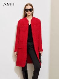 Amii Minimalistische winter Kleine geurige wollen jas voor vrouwen Midi losse tweed Blends bovenkleding Trendy Crewneck 12344256 240428