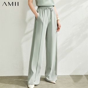 AMII minimaliste femmes taille haute pantalon bureau dame élégant taille élastique solide ample femme Long pantalon 12040227 201012
