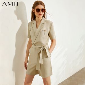 Amii minimalista mujer mono moda marca media manga sólido delgado con cinturón elegante mamelucos femeninos 12040153 T200704