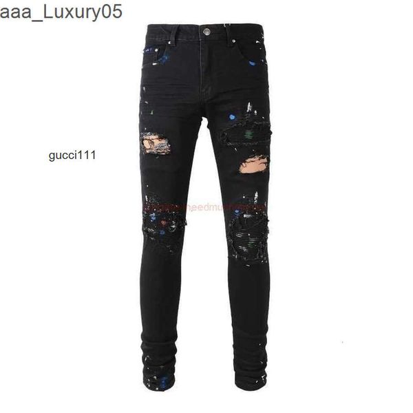 amiiri Denim Brand amis imiri amari AM Designer Clothing es Jeans amirl Pants es High Street Fashion amirlies 889 Black Scratch am Hole Paint Patch Trend Slim Str XLWK