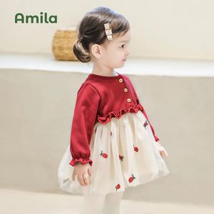 Amila Baby Meisje Prinses Jurken Lente Herfst Ademend Garen Patchwork Print Kinder Verjaardag Leuke Kleding 240301