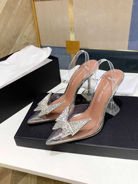 Amina muaddi AWGE sandale nom fermoir papillon marque verre Pvc cristal Transparent Slingback talon pompes 100mm chaussures taille 35-42
