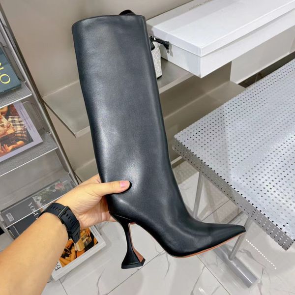 Amina Muaddi Begum talons aiguilles bottes hautes strass bout pointu en cuir bottes à pompons bottes au genou chaussures de créateurs de luxe pour femmes chaussures d'usine tailles 35-42