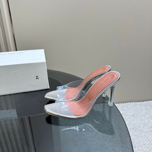 Amina Muaddi chaussures en cristal talons aiguilles sandales mules PVC femmes de luxe transparent Designer bout ouvert Slip sur chaussures de soirée chaussures d'usine