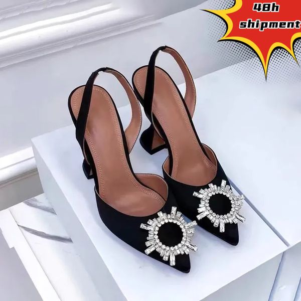 Amina Muaddi Sandalias de girasol con cristales Fiesta Diseñador de bodas Zapatos de vestir para mujer Zapatos de satén con punta en punta Bombas con pajarita Tacón alto