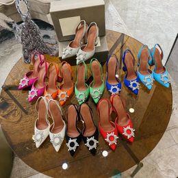 Amina muaddi Designer schoenen sandalen Bruidsschoenen Satijnen spitse slingbacks Diamond Bowtie Pumps Crystal Sunflower High Heeled Shoe Dress Avondschoenen