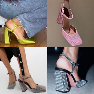 Amina Muaddi Robe Chaussure Femmes Charlotte Tête Carrée Chunky Talons Hauts Designer De Luxe En Cuir Verni Strass Finition Satin Cristal Pompes De Mode Sandale Taille 35-42