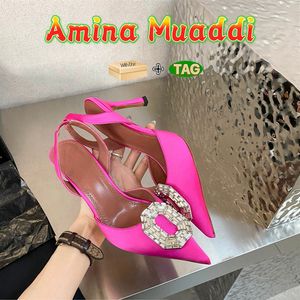 Amina Muaddi damesschoenen Camelia zijden sling 90 hakken koningsblauw geel zwart oranje fuchsia wit lichtroze dames luxe hoge bruilofthak met doos