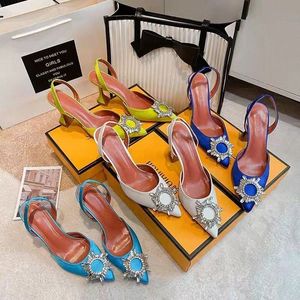 Amina Muaddi Dress Shoes Sandalen Satin Pointed Slingbacks Bowtie Pumps Crystal-Sunflower High Heeled schoen 10 cm Dames Luxe Designer Party Wedd 60JM#