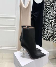 Amina Muaddi Fashion Season Shoes Italië Giorgia enkelschoenen kubieke plexi hakken zwart echt leer XUG6596625