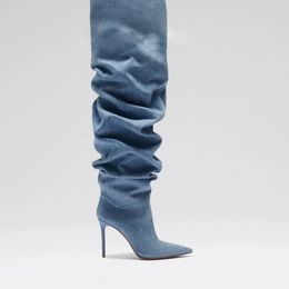 Chaussures de designer Amina Muaddi pointée des bottes hautes à talon haut, des bottes de longueur du genou, une hauteur de talon de daim 9,5 cm, des bottes élastiques pour femmes, des chaussures de fête et de banquet, tailles 35-42