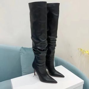 Amina Muaddi leer puntige teen Stiletto High Quality Heel ThighHigh High Tall Boot Staped Boots Knie Boots Top Qualit Chamois Slipon 95mm Dames Luxe Designer Shoes S S