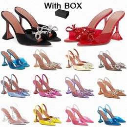 Amina Muaddi Rosie Sandals Crystal-versierde Designer Dress Shoes Satin Pointed Slingbacks Bowtie Pumps Women's Luxury High Heeled Shoe E3FK#