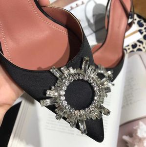 Amina Muaddi Venta-Calidad Mejor Calidad Slingback Begum Bombas adornadas con cristales Satén Cristal Elástico Slingback Correa Zapatos Alto 7cm 9cm QGC