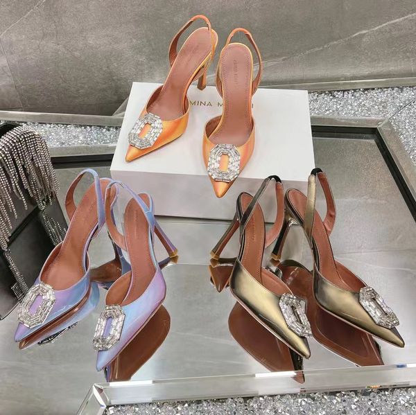 Amina Muaddi Sandales Femmes Designer Chaussures Mode 10CM Talon Haut Nouvelle Lumière Électrique Fantaisie Robe pointue Chaussure Classique Tournesol Eau Diamant Fête Chaussures de Mariage