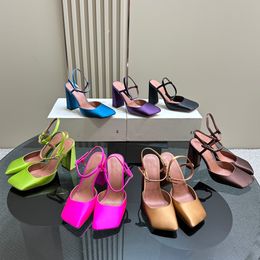 Amina Muaddi sandalen dames ontwerpers schoenen luxe strass satijn dikke hak schoen kwaliteit kristal bling bling 9,5 cm hoge hakken diner party designer sandaal 35-42