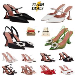 Amina Muaddi Sandalias Sandalias Satinadas Slingbacks Punteas Bowtie Pombas Cristal-Sunflower Amina Muaddi Clear 10cm Fiesta de la boda de la fiesta de lujo para mujeres zapatos de boda