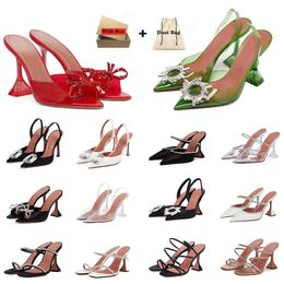 Amina muaddi pour femmes chaussures de robe sandales satin slingbacks bowtie pompes cristal-sunflower hautement chaussures à talons 9cm pour la fête de mule