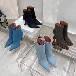 Amina Muaddi Womens High-Quality Boots Chelsea Designer High Heel Boots Fashion Designer Bouton Stretch Boot Streth